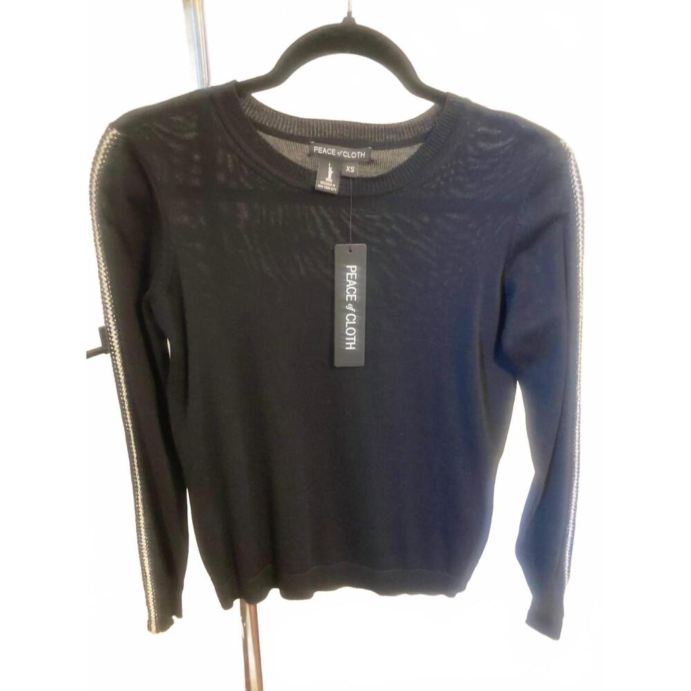 NEW PIECE OF CLOTH women's crew neck sweater with metallic trim in black